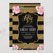50 Birthday Party Invitations - Floral Gold Glitte (Front/Back)