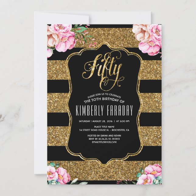 50 Birthday Party Invitations - Floral Gold Glitte (Front)