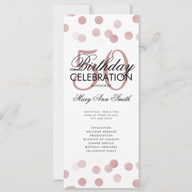 50 Birthday Program Rose Gold Confetti Menu  (Front)
