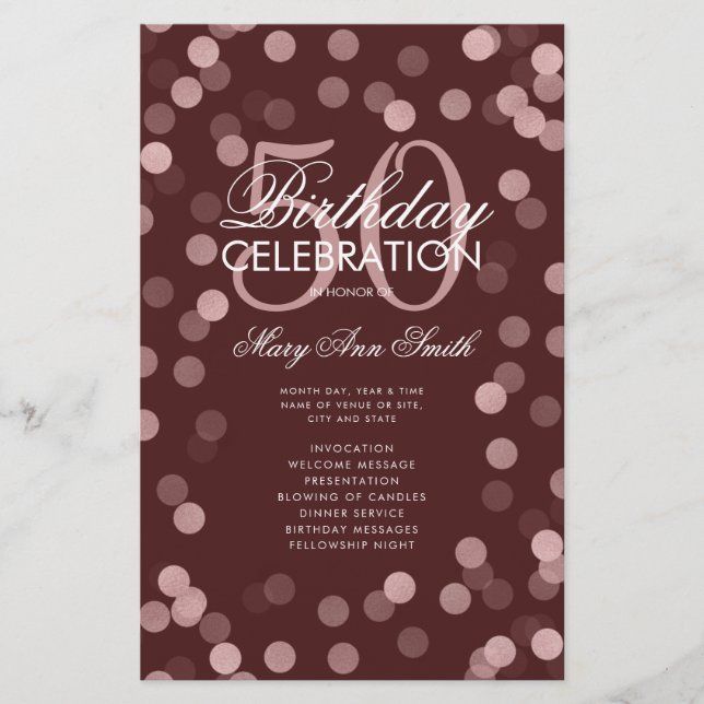 50 Birthday Program Rose Gold Menu Burgundy  Flyer (Front)
