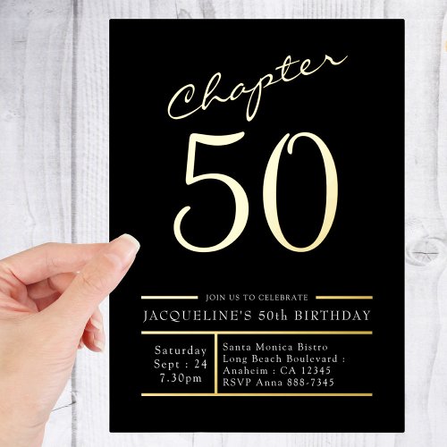 50 Black 50th Birthday Party Gold Foil Invitation