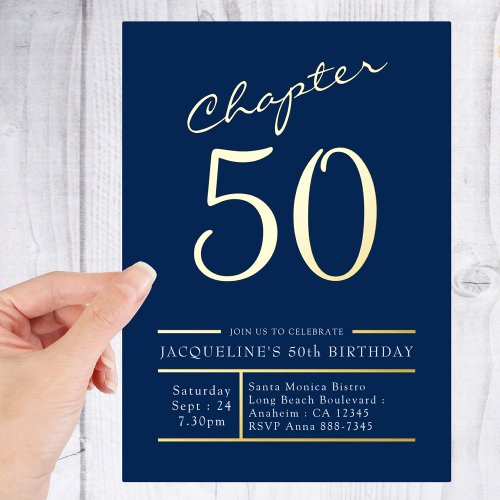 50 Blue 50th Birthday Party Gold Foil Invitation