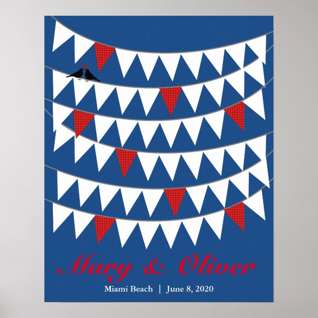 50 Bunting Red Blue Wedding Guest Book Poster (Front)