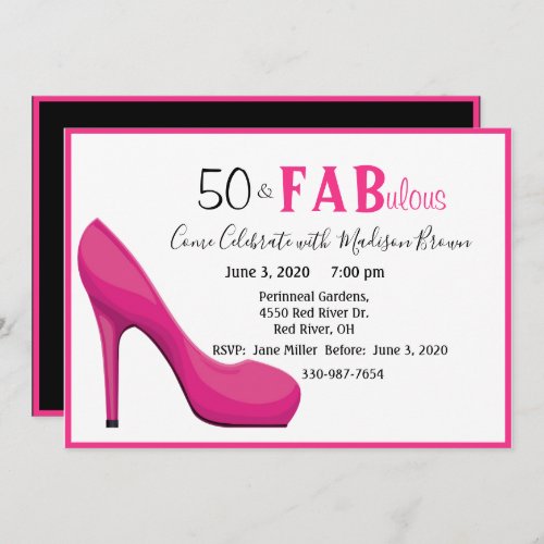 50  Fab 50 and Fabulous Pink High Heel Invitation
