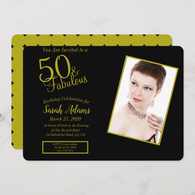 50 & Fab Gold & Black 50th Birthday Party Photo Invitation (Front/Back)