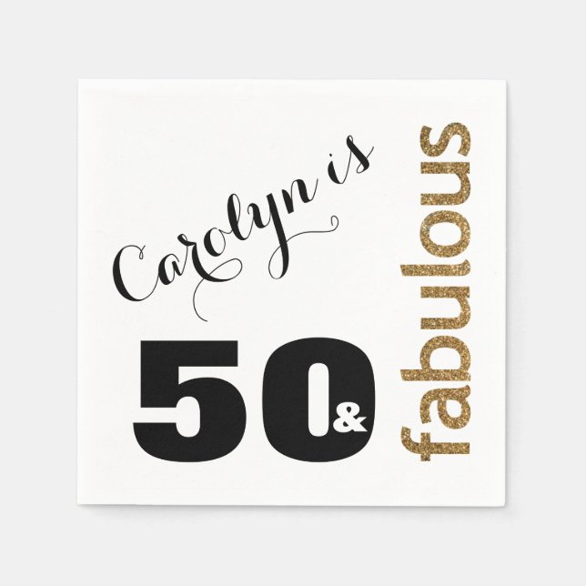 "50 & Fabulous" 3 Gold Glitter 50th Birthday Napkins (Front)
