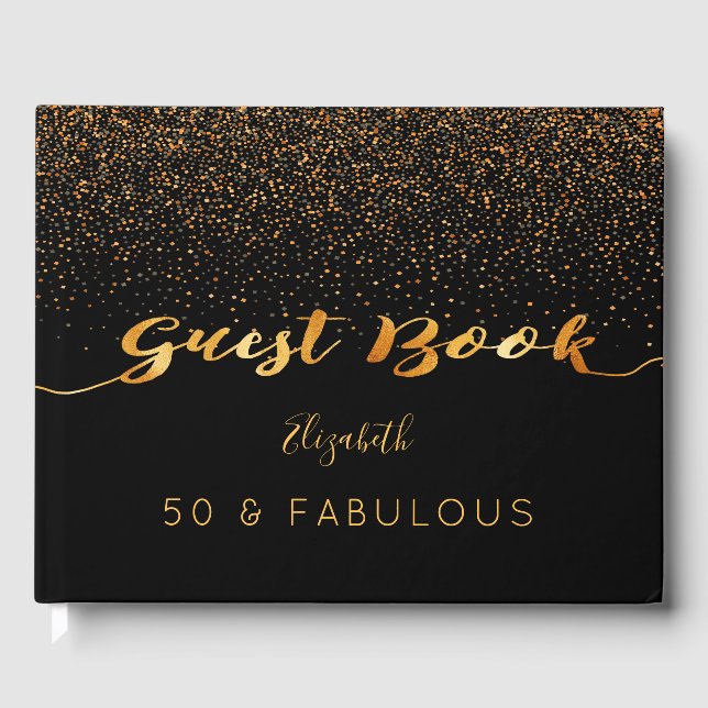 50 & Fabulous 50th birthday black gold confetti Guest Book (Front)