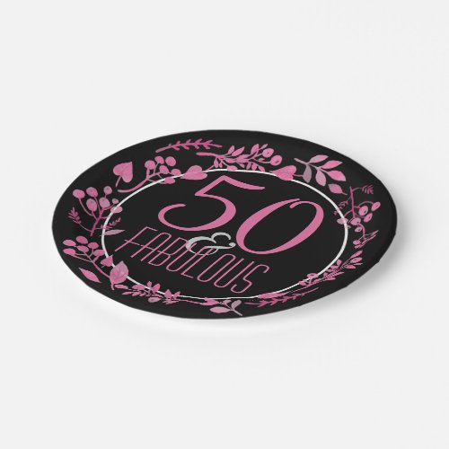 50  Fabulous 50th Birthday  Black Pink Botanical Paper Plates