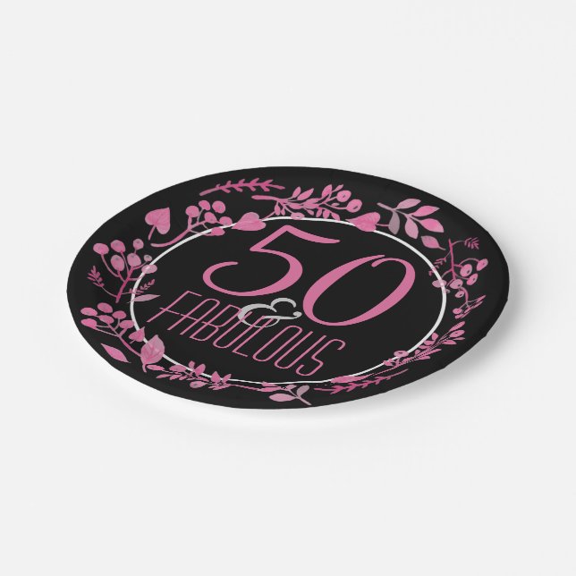 50 & Fabulous 50th Birthday | Black Pink Botanical Paper Plates (Angled)