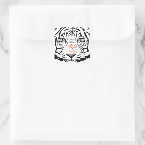 50  Fabulous 50th Birthday Black  White Tiger Square Sticker