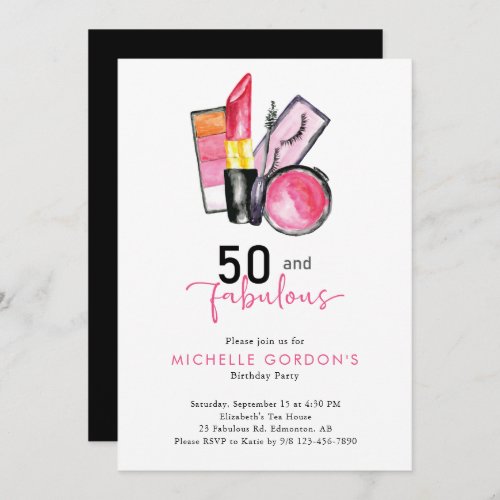 50  Fabulous 50th Birthday Cosmetics Pink Beauty Invitation