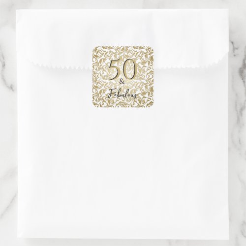 50  Fabulous 50th Birthday Gold Decorative Floral Square Sticker