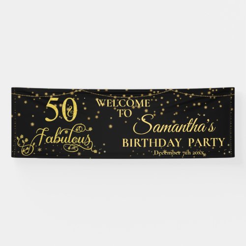 50 Fabulous 50th Birthday Party Glitter Black Banner