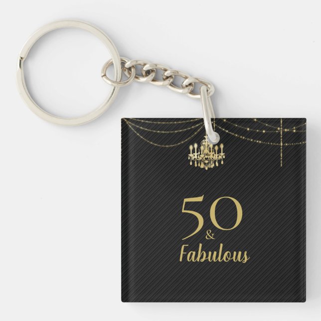 50 & Fabulous 50th Birthday Party Gold Chandelier  Keychain (Front)