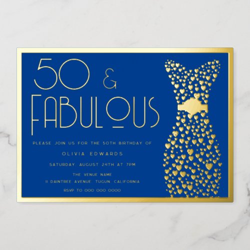50  Fabulous 50th Birthday Party Midnight  Gold Foil Invitation