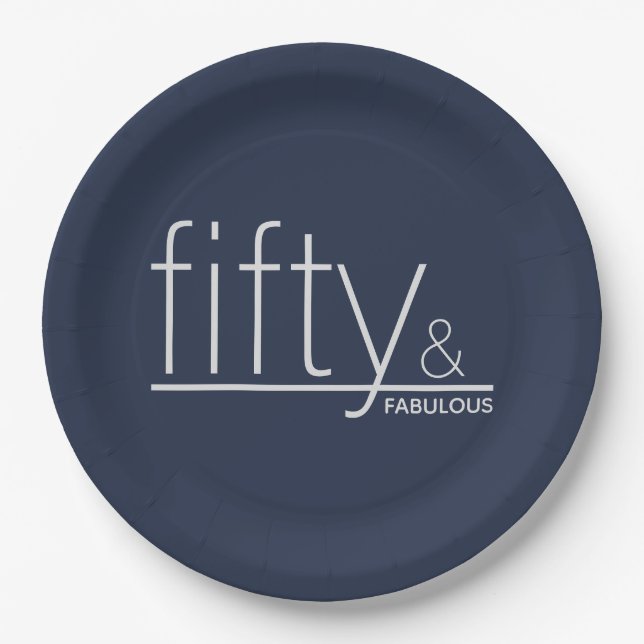 50 & FABULOUS 50th Birthday Party Modern Navy Blue Paper Plates (Front)