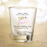 50 Fabulous 50th Birthday Pink Gold Party Favor Shot Glass<br><div class="desc">Fun and chic 50th birthday party shot glass. "50 & Fabulous" is written in a a stylish gold,  pink and black script and you can personalize the "Take a Shot She's Still Hot" text,  her name and the party date.</div>