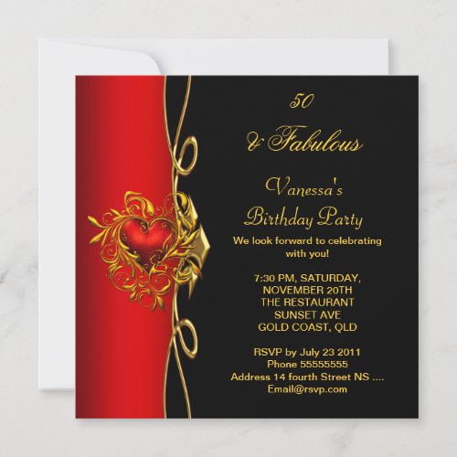 50  Fabulous 50th Birthday Red Gold Hearts Invitation