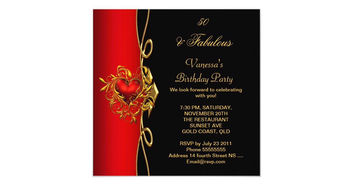 50 & Fabulous 50th Birthday Red Gold Hearts Invitation | Zazzle.com