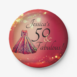 50 & Fabulous 50th Birthday Red Gold Sparkle Paper Plates
