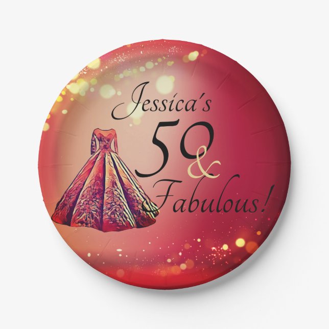 50 & Fabulous 50th Birthday Red Gold Sparkle Paper Plates (Front)