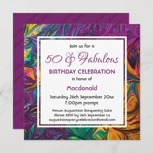 50 & Fabulous Abstract PURPLE Custom Birthday Invitation (Front/Back)