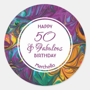50 & Fabulous Abstract PURPLE Custom Classic Round Sticker