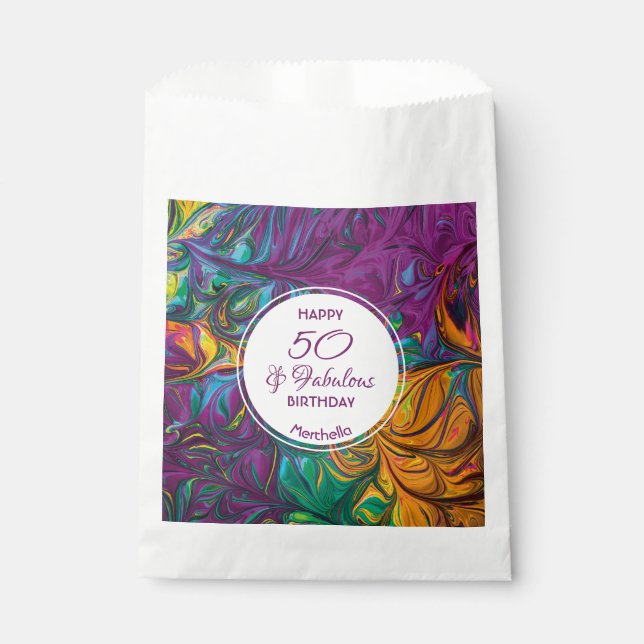 50 & Fabulous Abstract PURPLE Custom Party Paper Favor Bag (Front)