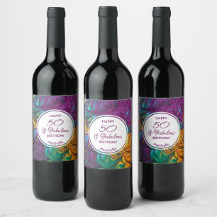 50 & Fabulous Abstract PURPLE Custom Party Paper Wine Label