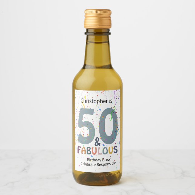 50 & Fabulous Add Name Cute Blue Confetti Birthday Wine Label (Front)