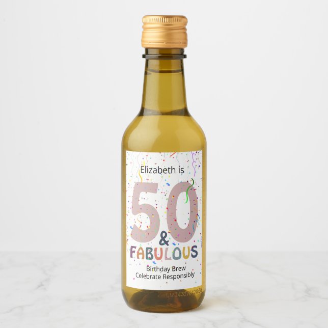 50 & Fabulous Add Name Cute Blue Confetti Birthday Wine Label (Front)
