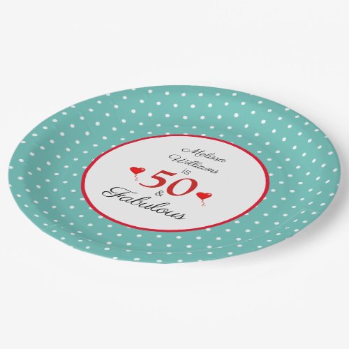 50  Fabulous Add Name Red 50th Birthday Teal WH Paper Plates