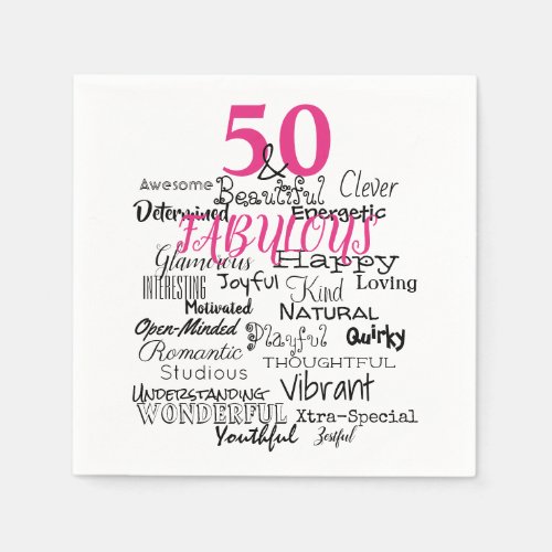 50  Fabulous Birthday A to Z Typography Fun Pink Napkins