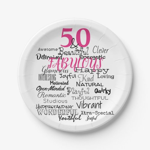 50  Fabulous Birthday A to Z Typography Fun Pink Paper Plates