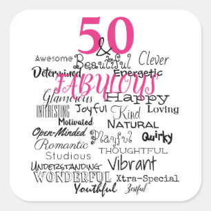 50 & Fabulous Birthday A to Z Typography Fun Pink Square Sticker