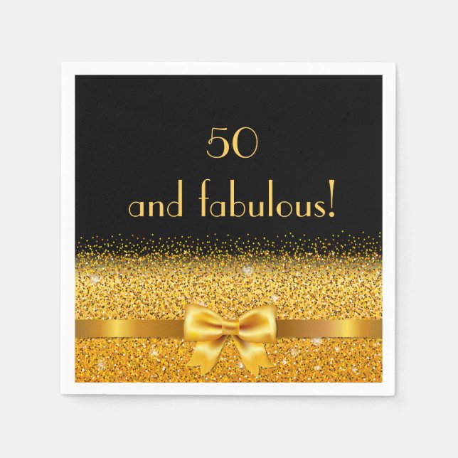 50 fabulous birthday black gold bow elegant napkins (Front)