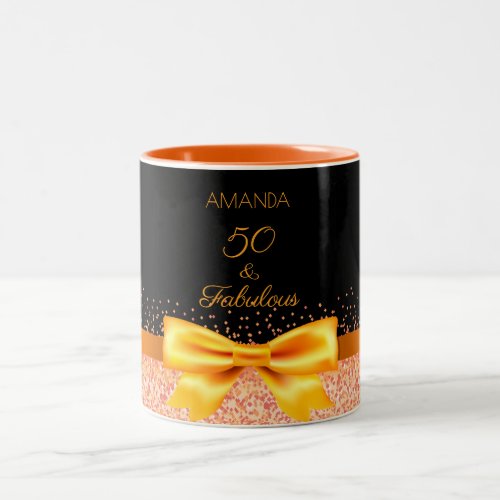 50 fabulous birthday black gold bow elegant Two_Tone coffee mug