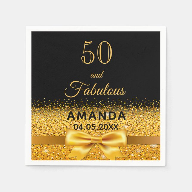 50 fabulous birthday black gold bow napkins (Front)