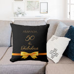 50 fabulous birthday black gold bow throw pillow<br><div class="desc">A pillow as a gift for a woman's 50th birthday.  An elegant black background,  decorated with a faux gold bow and ribbon.  With the text: 50 and fabulous.  Template for her name. Golden letters. 

This pillow is also available in our store in purple or faux gold background.</div>