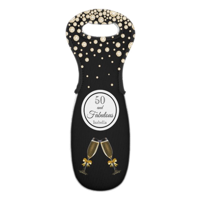 50 fabulous birthday black gold cheers name wine bag (Front Flat)