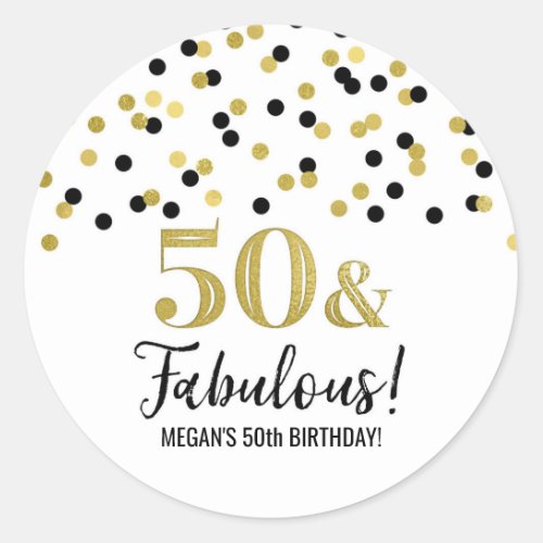 50  Fabulous Birthday Black Gold Confetti Classic Round Sticker