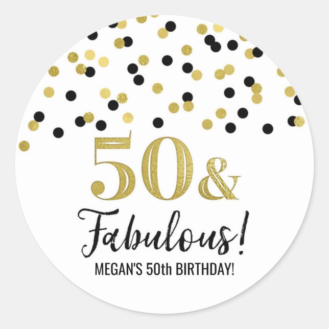 50 & Fabulous Birthday Black Gold Confetti Classic Round Sticker (Front)