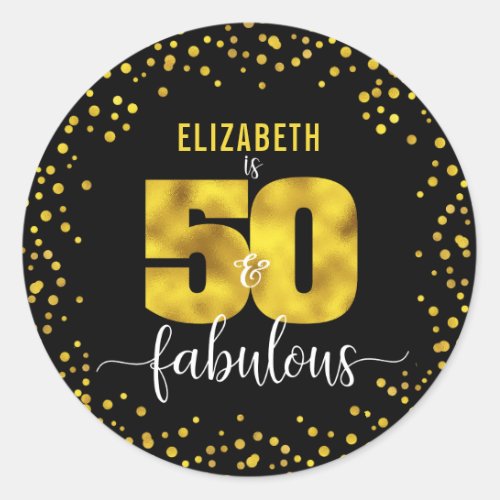 50 fabulous birthday black gold foil glitter dots classic round sticker