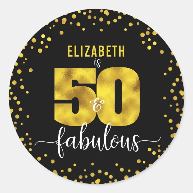 50 fabulous birthday black gold foil glitter dots classic round sticker (Front)