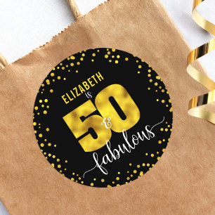 50 fabulous birthday black gold foil glitter dots classic round sticker