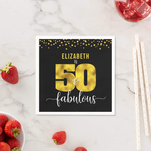 50 fabulous birthday black gold glitter confetti napkins (Insitu)