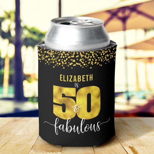 50 fabulous birthday black gold glitter dot script can cooler