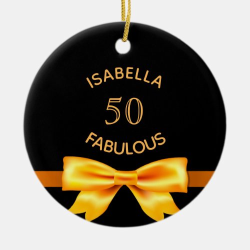 50 fabulous birthday black gold monogram bow ceramic ornament