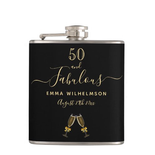 50 fabulous birthday black gold monogram friends flask