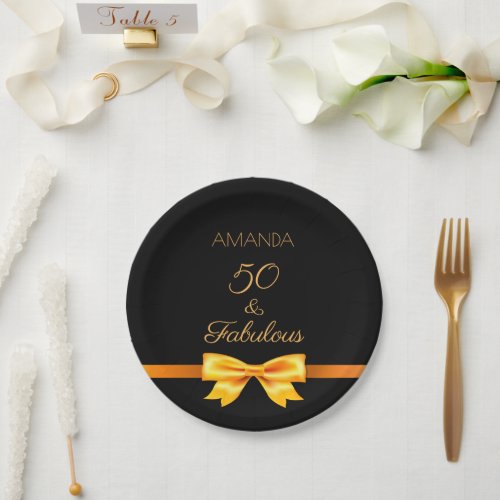 50 fabulous birthday black gold name bow paper plates